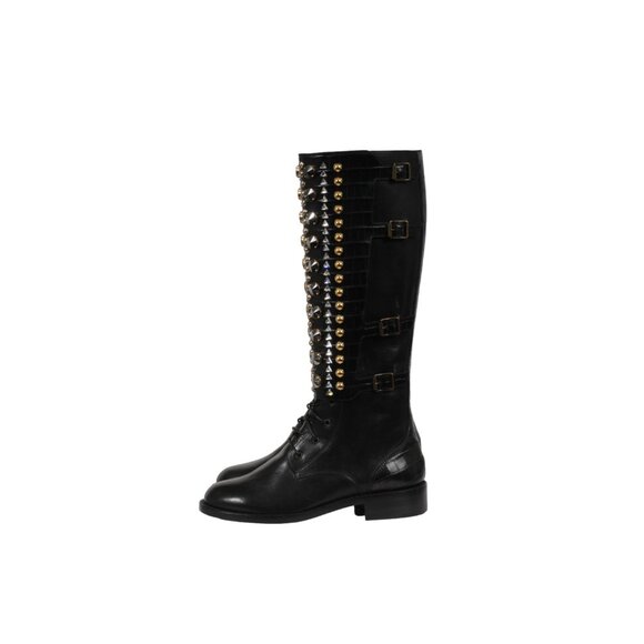 Rene Caovilla Combat Boots US 7 EU 37 Black LeatherCroc Embossed Crystal Studded - Picture 4 of 12